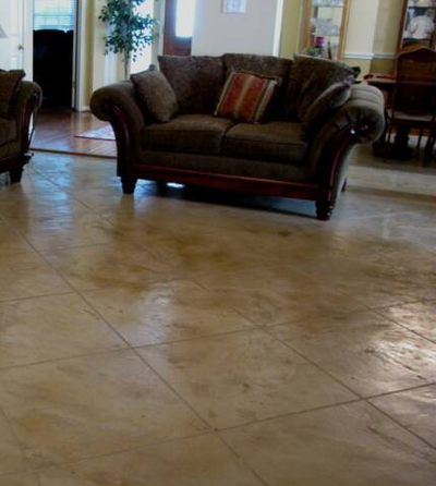 Family room interior concrete floor stamped and polished.