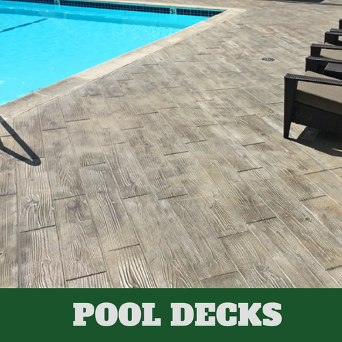 Brentwood stamped concrete pool surround with a wood grain finish.